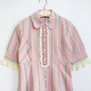 Vintage pink striped babydoll dress with lace trim
